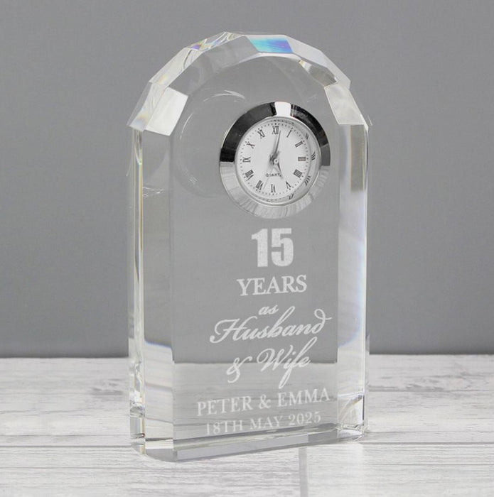 Engraved 15th Wedding Anniversary Crystal Clock
