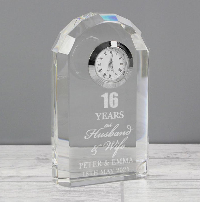 Engraved 16th Wedding Anniversary Crystal Clock