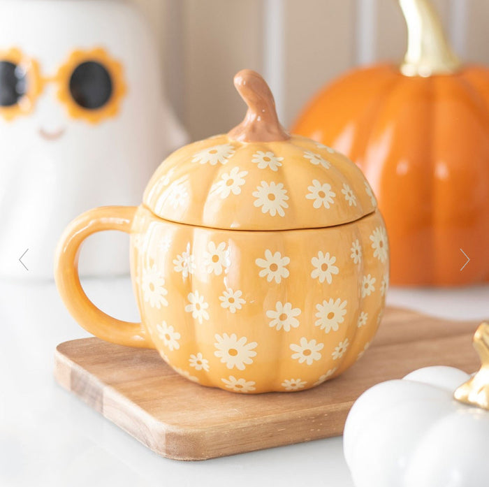 Novelty Groovy Floral Pumpkin Lidded Mug - Autumn Home Decor