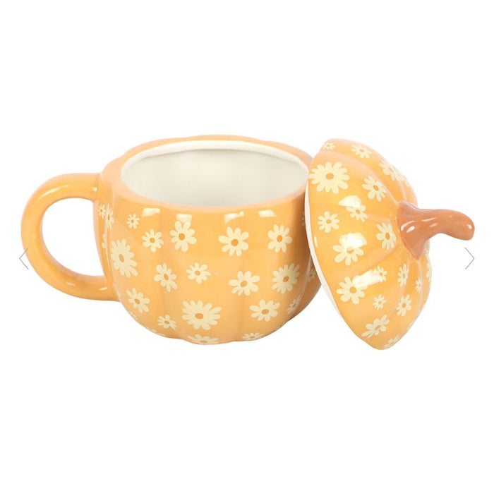 Novelty Groovy Floral Pumpkin Lidded Mug - Autumn Home Decor