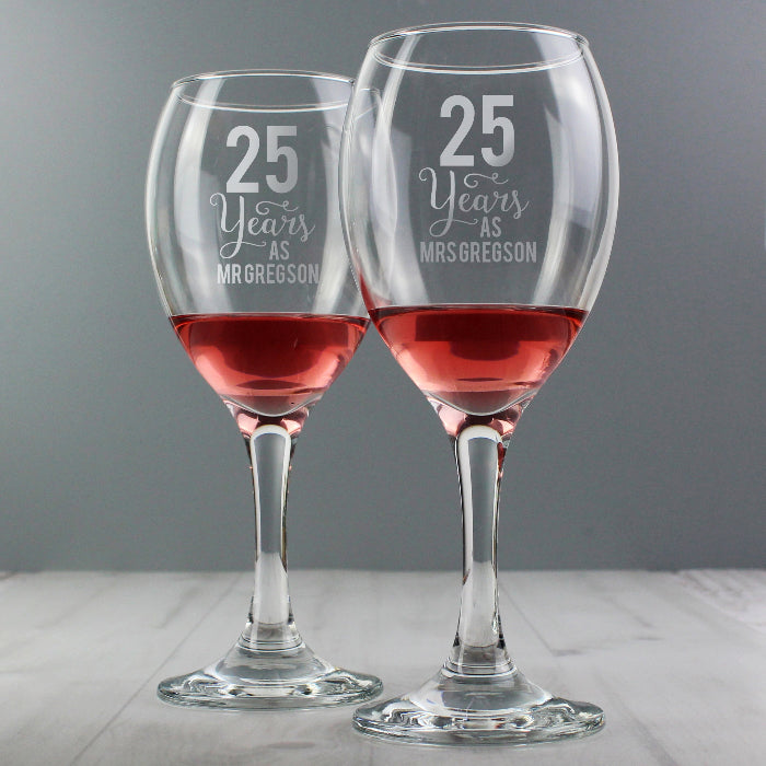 Engraved 25th Wedding Anniversary Wine Glasses - 25 Years