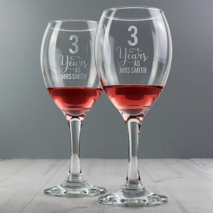 Engraved 3rd Wedding Anniversary Wine Glasses - 3 Years