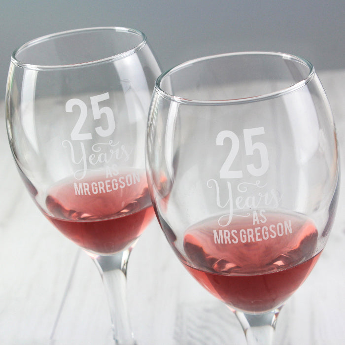 Engraved 25th Wedding Anniversary Wine Glasses - 25 Years