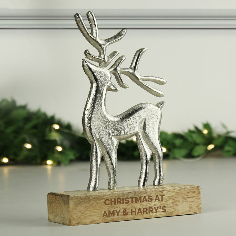 Personalised Metal Stag Ornament With Wooden Base