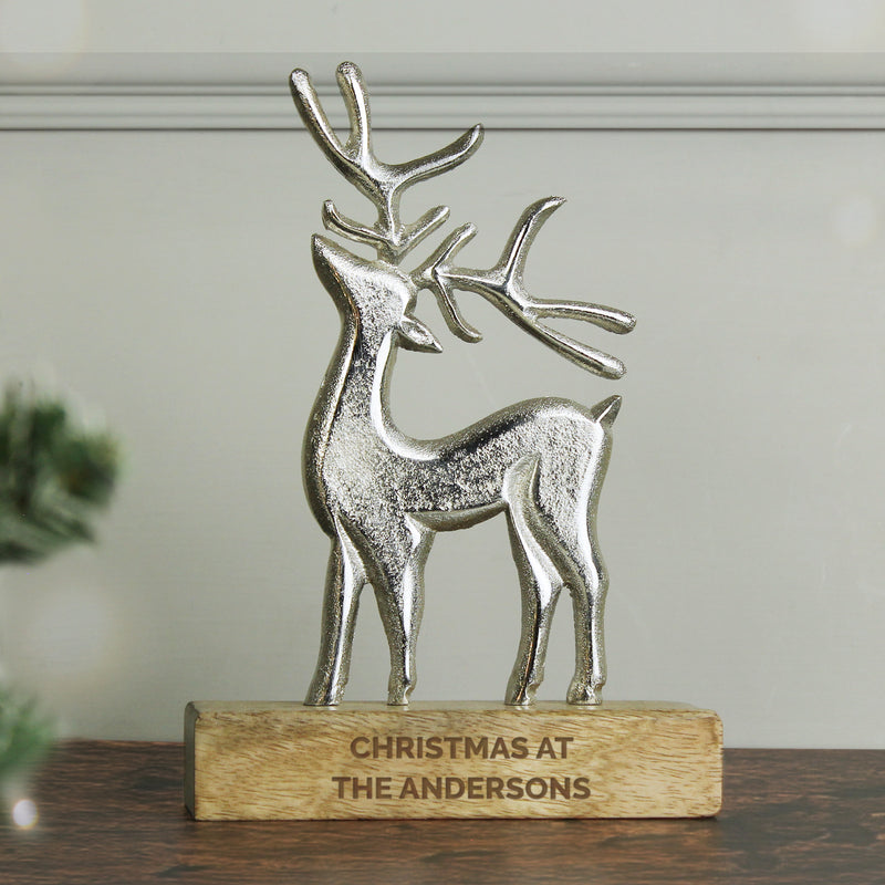Personalised Metal Stag Ornament With Wooden Base