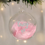 Personalised Baby’s First Christmas Pink Feather Footprints Glass Bauble
