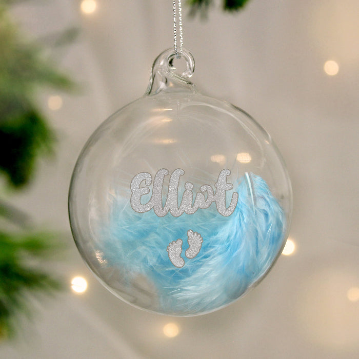Personalised Baby’s First Christmas Blue Feather Footprints Glass Bauble