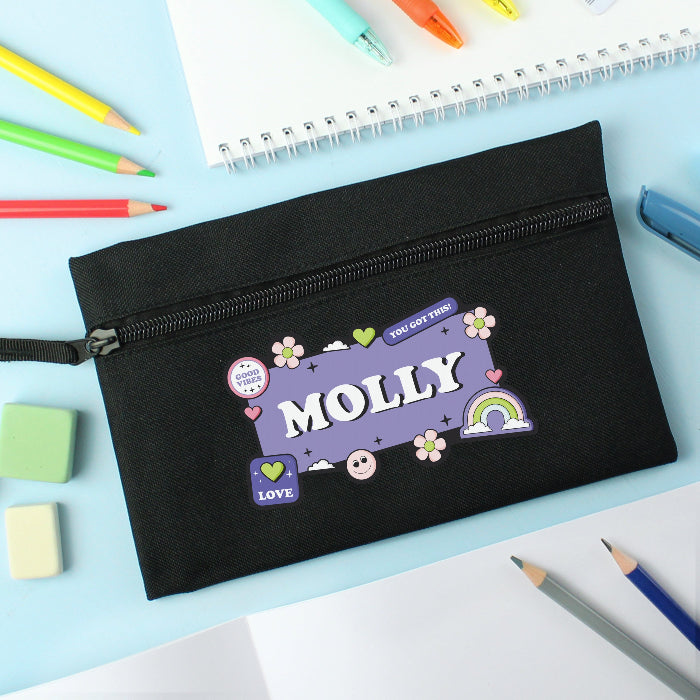 Personalised Children’s Good Vibes Black Pencil Case