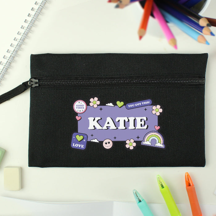 Personalised Children’s Good Vibes Black Pencil Case