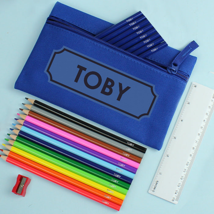 Personalised Blue Pencil Case Set with Personalised Pencils & Crayons