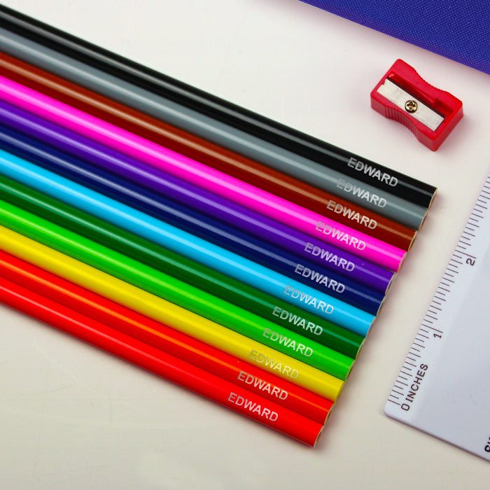 Personalised Blue Dinosaur Pencil Case with Personalised Pencils & Crayons