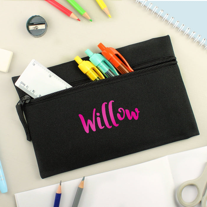Personalised Children’s Pink Name Black Pencil Case