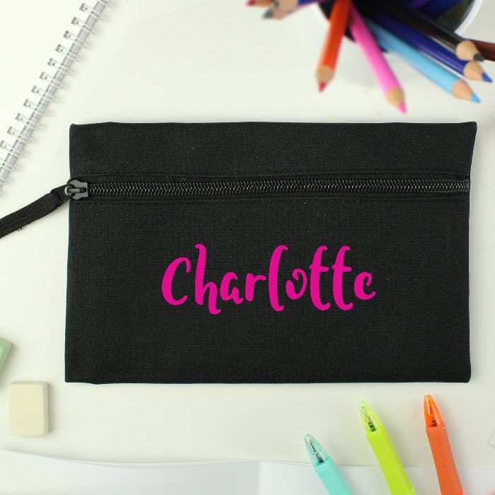 Personalised Children’s Pink Name Black Pencil Case