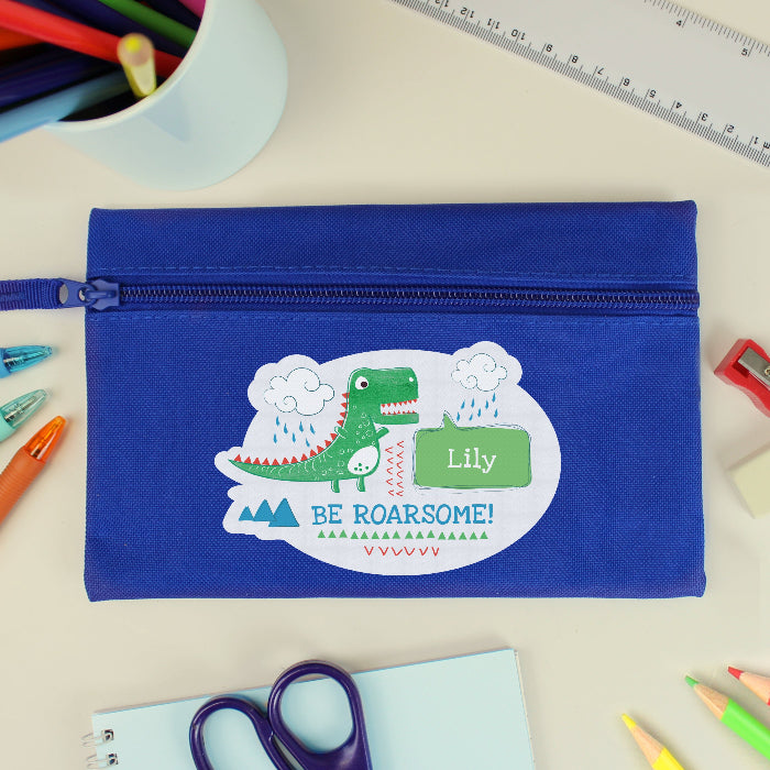 Personalised Children’s 'Be Roarsome' Dinosaur Blue Pencil Case