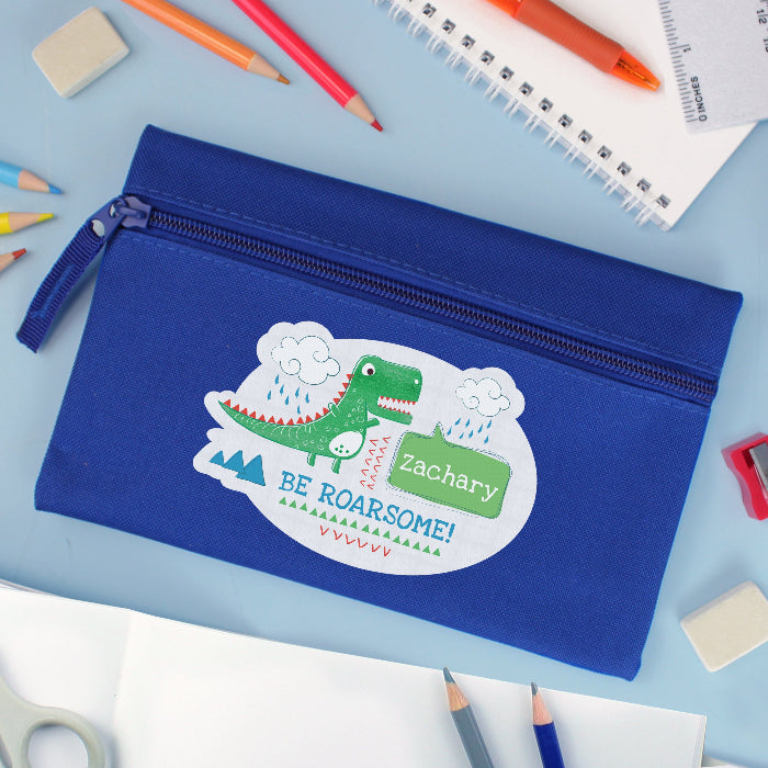 Personalised Children’s 'Be Roarsome' Dinosaur Blue Pencil Case