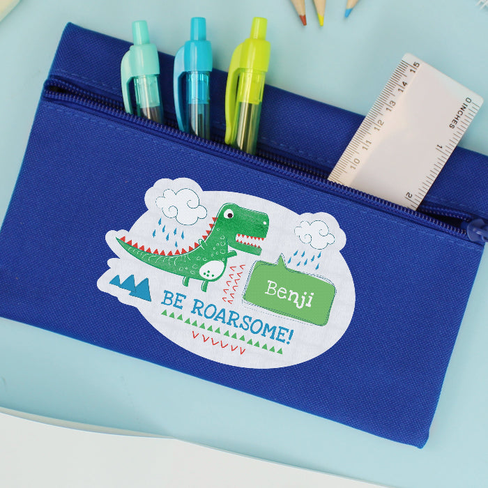 Personalised Children’s 'Be Roarsome' Dinosaur Blue Pencil Case