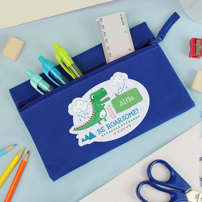 Personalised Children’s 'Be Roarsome' Dinosaur Blue Pencil Case