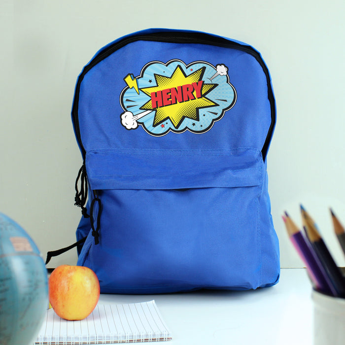 Personalised Superhero Comic Kid’s Backpack - Blue