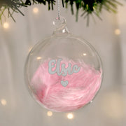 Personalised Name Pink Feather Silver Heart Glass Bauble