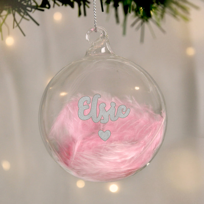 Personalised Name Pink Feather Silver Heart Glass Bauble