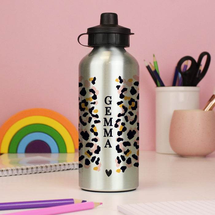 Personalised Leopard Print Silver Drinks Bottle - Back To School