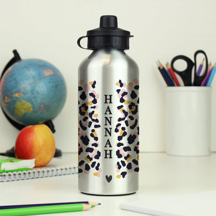 Personalised Leopard Print Silver Drinks Bottle - Back To School
