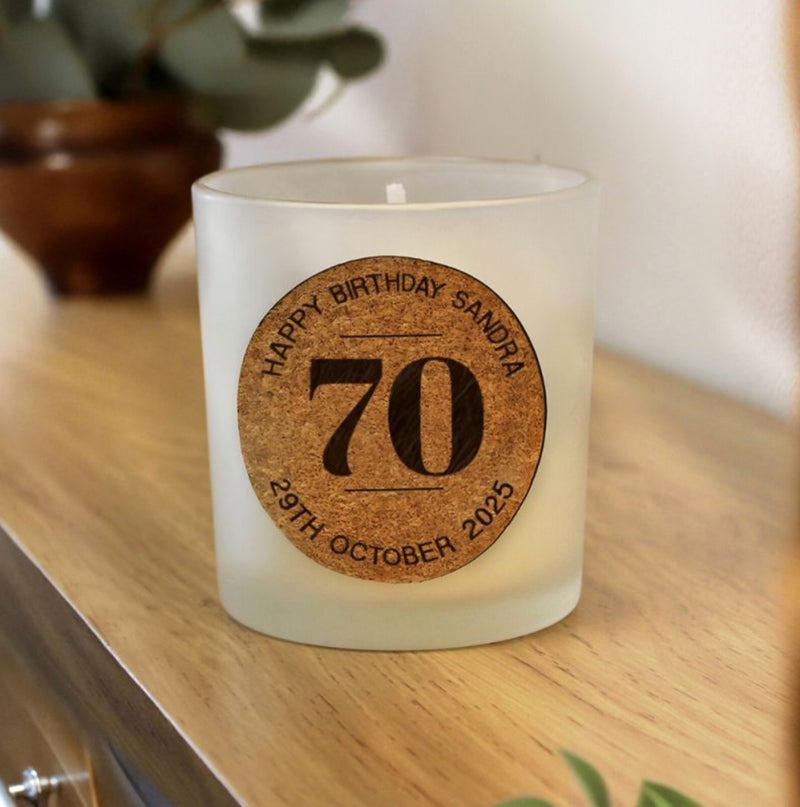 Personalised 70th Birthday Cork Label Candle Jar - Any Text