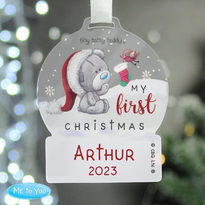 Personalised Baby’s First Christmas Tatty Teddy Snow Globe Decoration