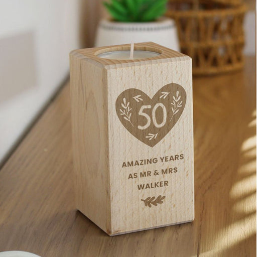 Personalised 50th Anniversary Wooden Tealight Holder