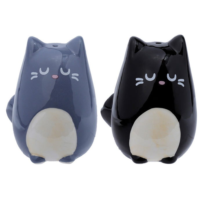 Feline Fine Black & Grey Cat Ceramic Salt & Pepper Shakers Set