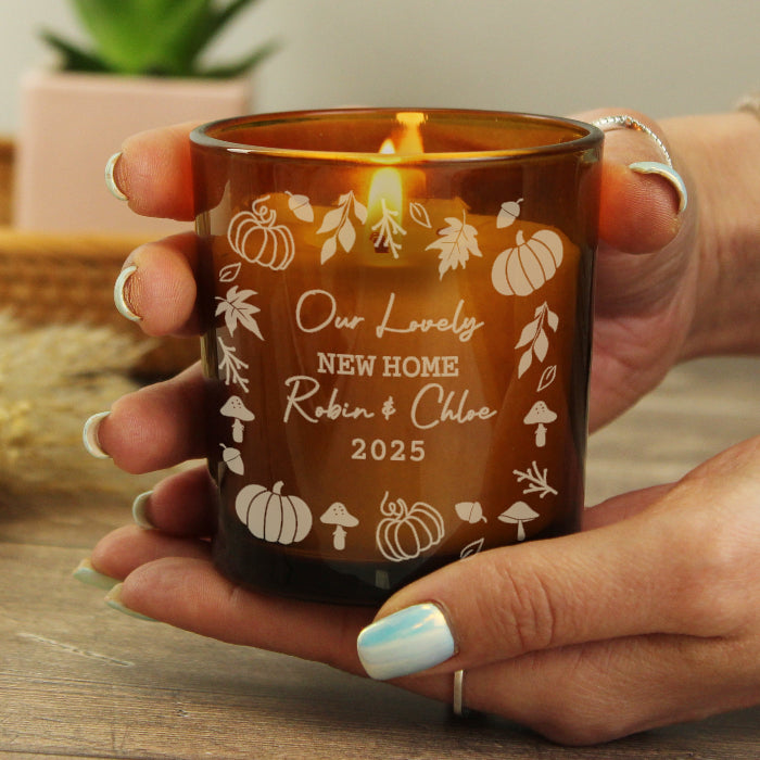 Personalised Autumn Pumpkins Leaves Amber Glass Candle - Home Decor