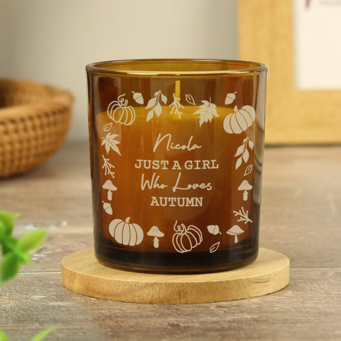 Personalised Autumn Pumpkins Leaves Amber Glass Candle - Home Decor