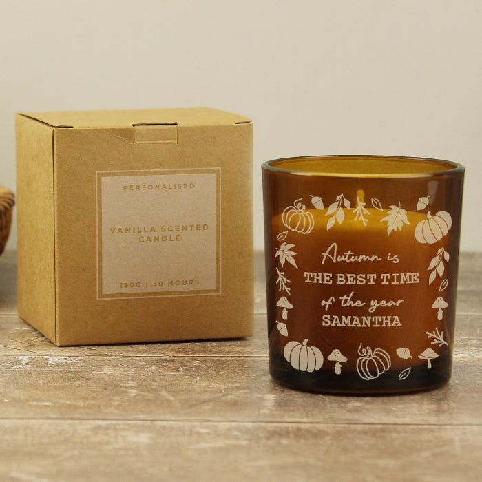 Personalised Autumn Pumpkins Leaves Amber Glass Candle - Home Decor