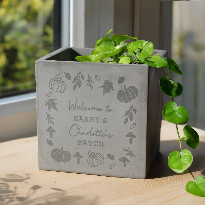 Personalised Autumn Pumpkin Leaves Concrete Plant Pot - Home Decor