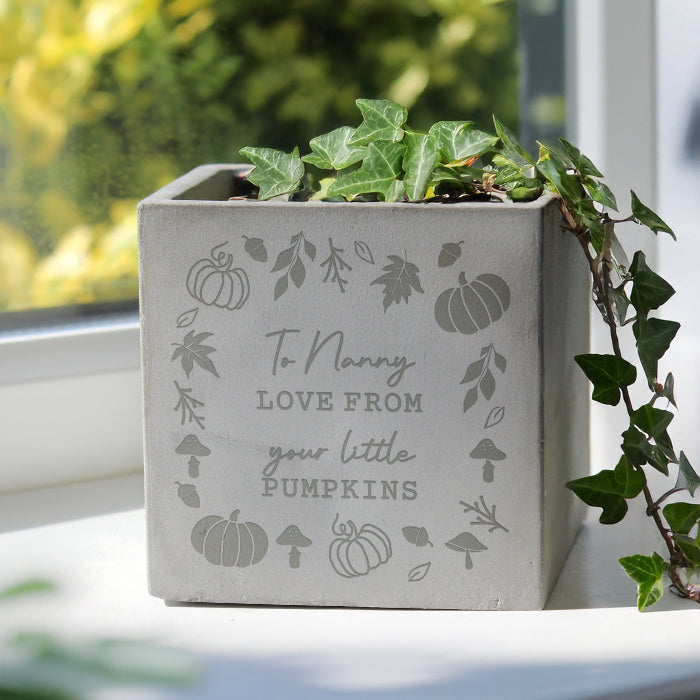 Personalised Autumn Pumpkin Leaves Concrete Plant Pot - Home Decor