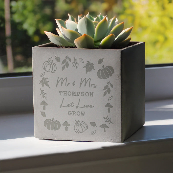 Personalised Autumn Pumpkin Leaves Concrete Plant Pot - Home Decor
