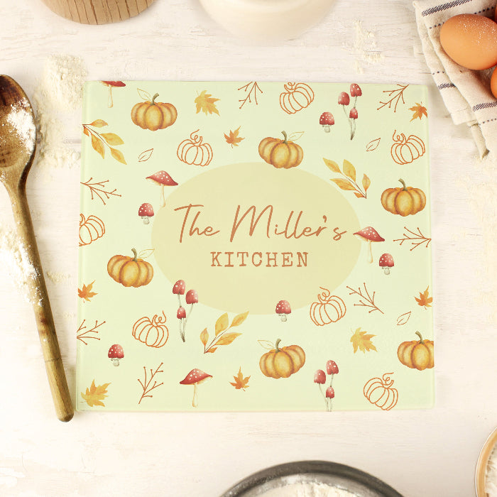 Personalised Autumn Pumpkin Glass Chopping Board - Home Decor