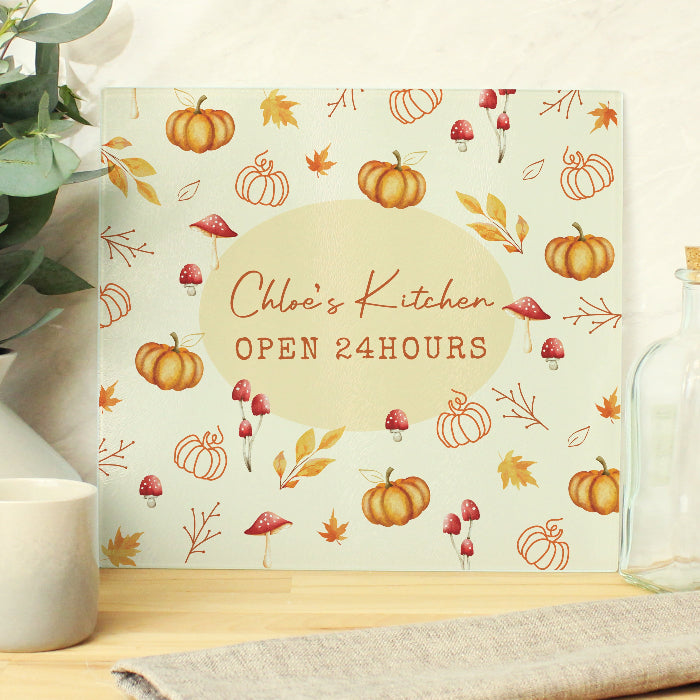 Personalised Autumn Pumpkin Glass Chopping Board - Home Decor