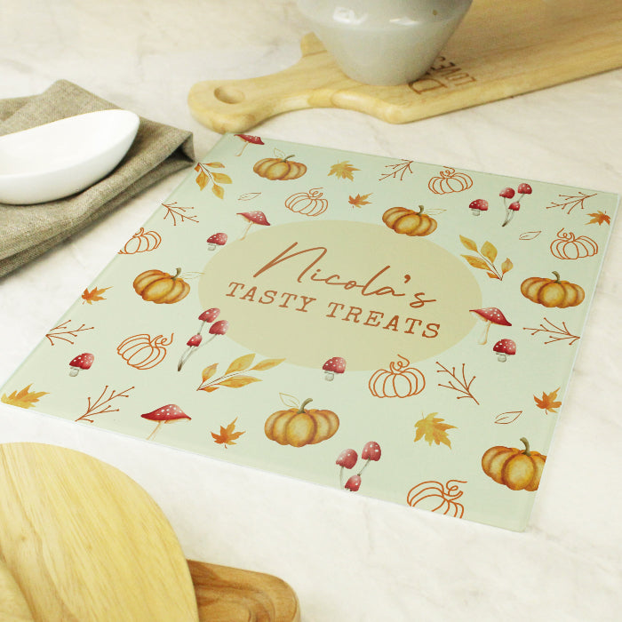 Personalised Autumn Pumpkin Glass Chopping Board - Home Decor