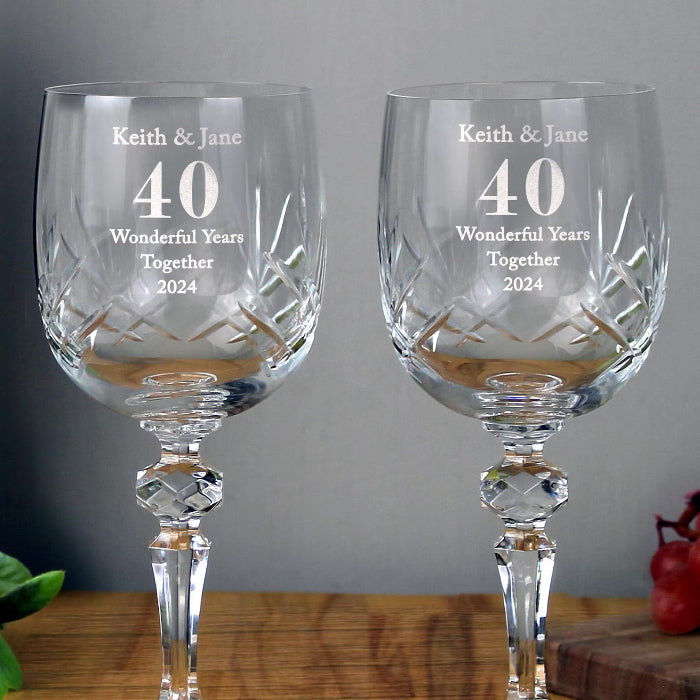 Engraved 40th Ruby Anniversary Crystal Wine Glass Gift Set