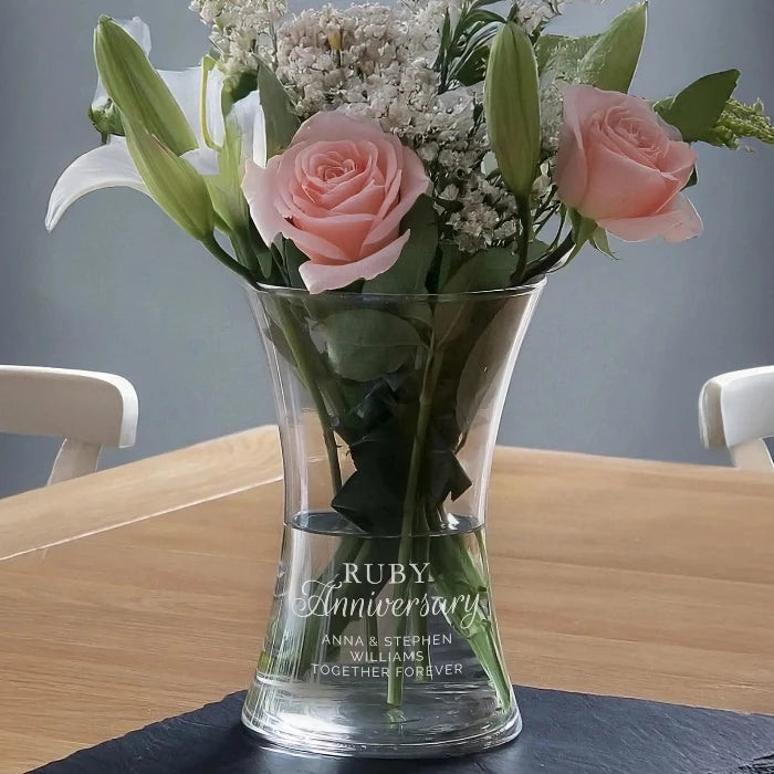 Engraved Ruby 40th Wedding Anniversary Glass Vase