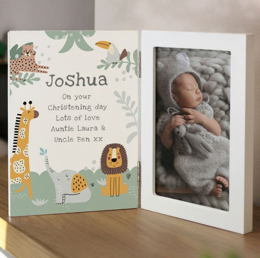 Personalised Animals Christening Wooden Hinged Photo Frame - 6x4