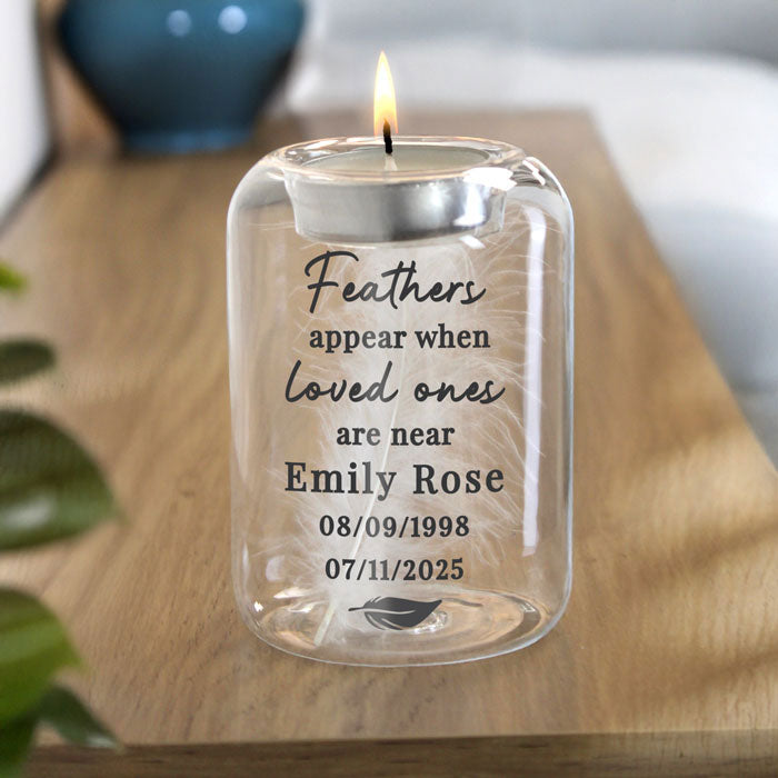 Personalised Loved Ones Memorial Feather Candle Tealight Holder