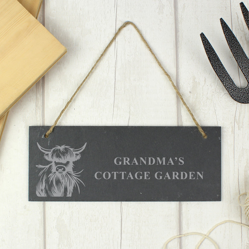Personalised Highland Cow Slate Hanging Sign