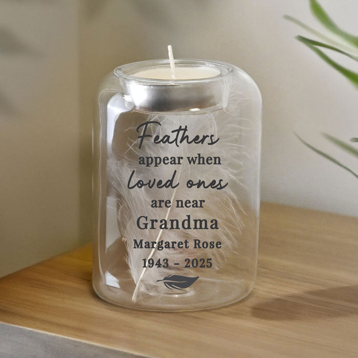 Personalised Loved Ones Memorial Feather Candle Tealight Holder