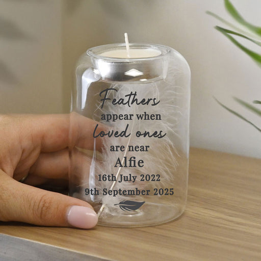 Personalised Loved Ones Memorial Feather Candle Tealight Holder