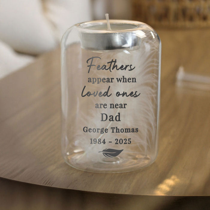 Personalised Loved Ones Memorial Feather Candle Tealight Holder