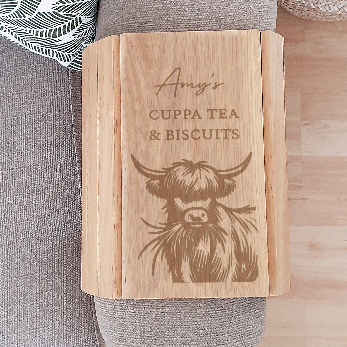 Engraved Highland Cow Wooden Sofa Tray