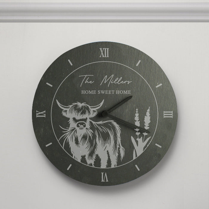 Engraved Highland Cow Slate Wall Clock