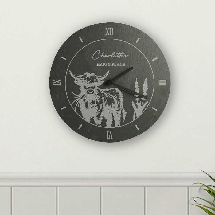 Engraved Highland Cow Slate Wall Clock